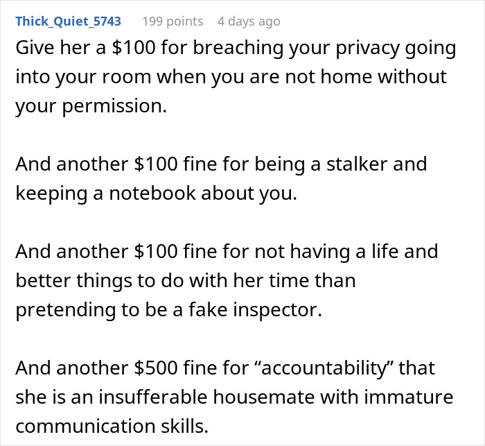 Text criticizing roommate for creating fines over privacy breaches and imaginary house rules, highlighting conflict.