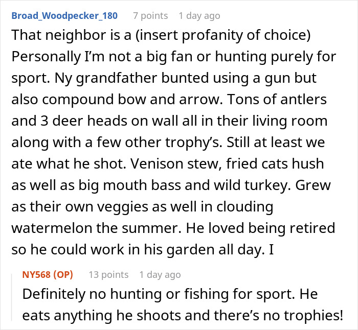 Text conversation about hunting deer and using private land, discussing the ethics of hunting for sport.