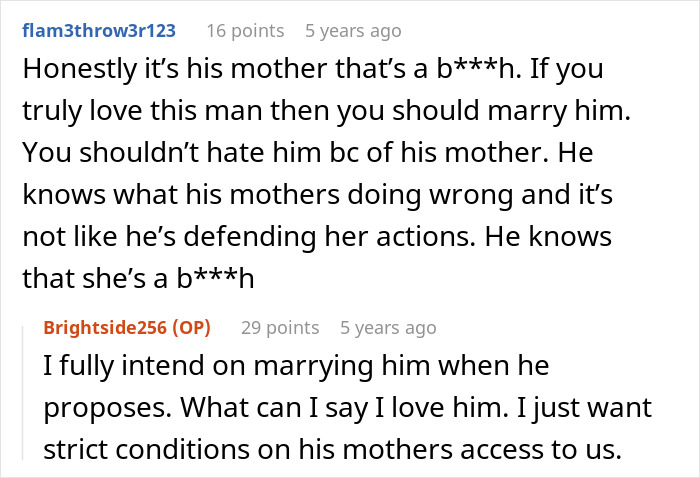 Reddit comments discussing relationship issues involving a mother and family dynamics.