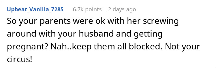 Reddit comment discussing sister's affair with husband, written by user Upbeat_Vanilla_7285.