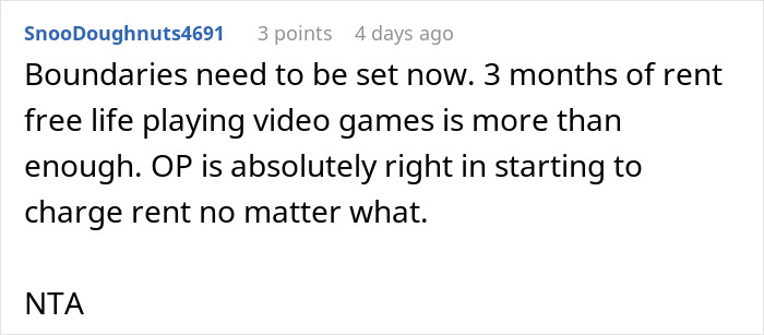 Reddit comment supporting a woman charging rent to her brother for playing video games rent-free for three months.