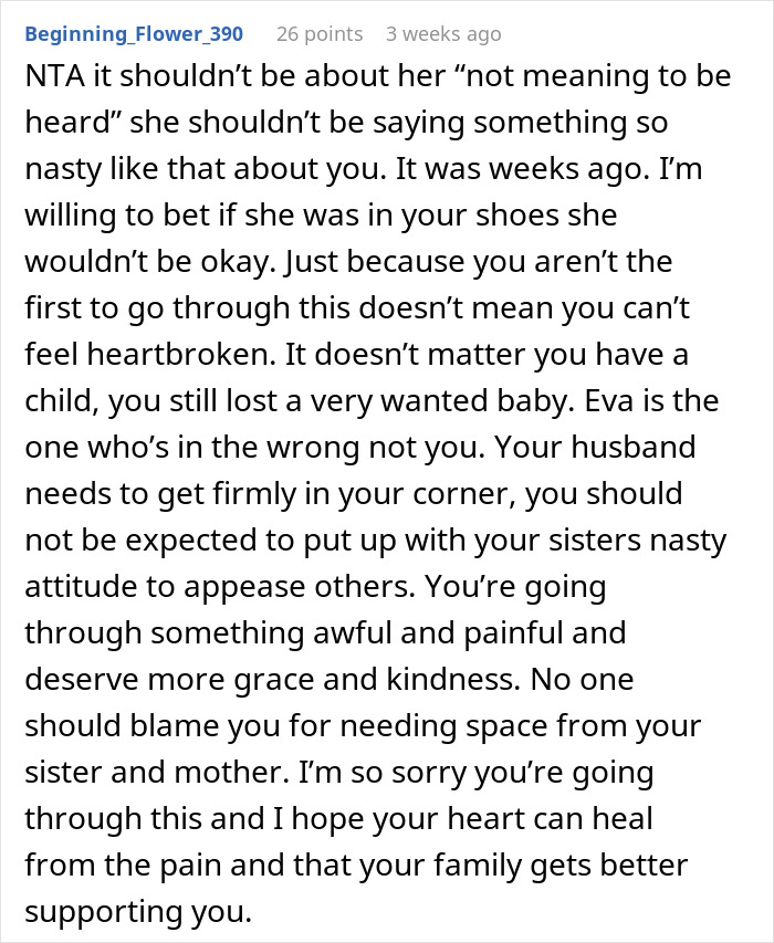 Text screenshot discussing a mean comment about miscarriage; emphasizes kindness and support for grieving sister.