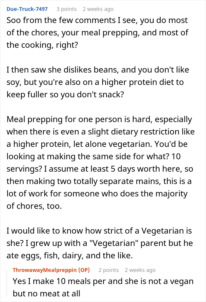 Reddit discussion on vegetarian meal prep challenges and dietary preferences.