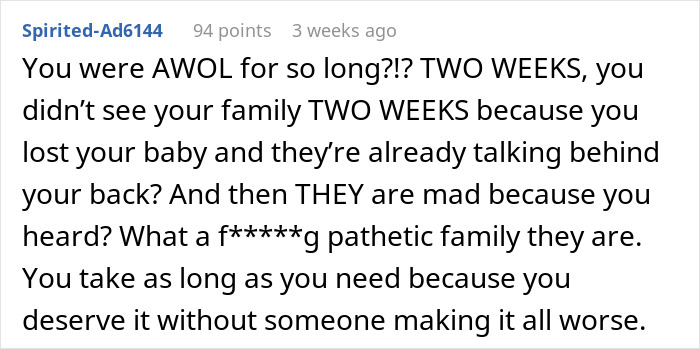 Mean comment about sister's miscarriage in an online forum response.