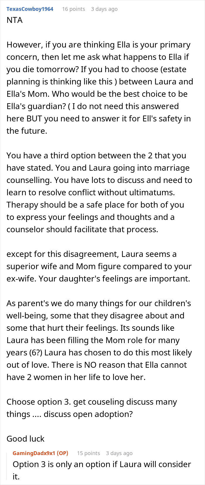 Comment discussing dad prioritizing daughter's safety, health, and happiness over wife adopting daughter.