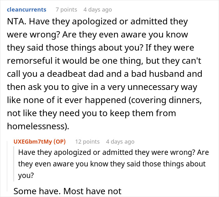 A Reddit comment thread discussing a "deadbeat" accusation by in-laws and lack of apology.