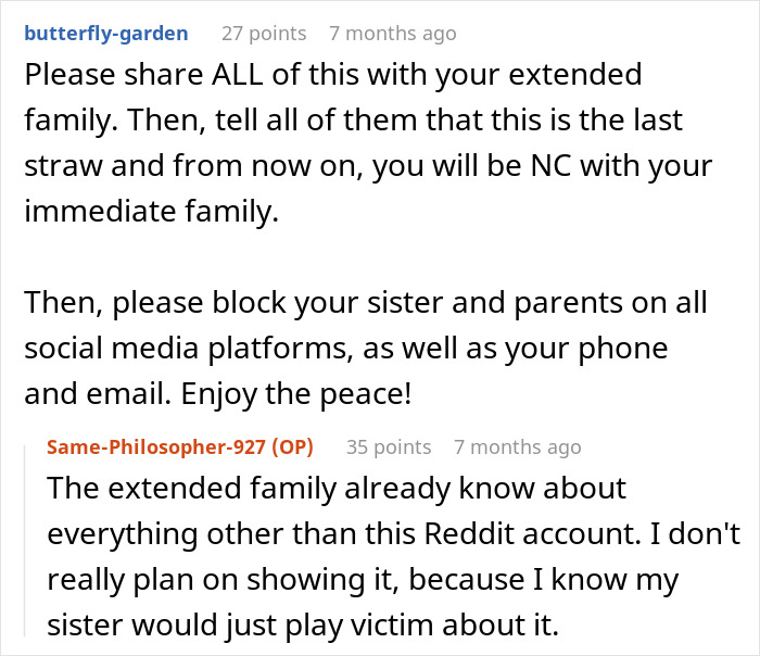 Reddit discussion about family conflict involving spoiled behavior and social media boundaries.