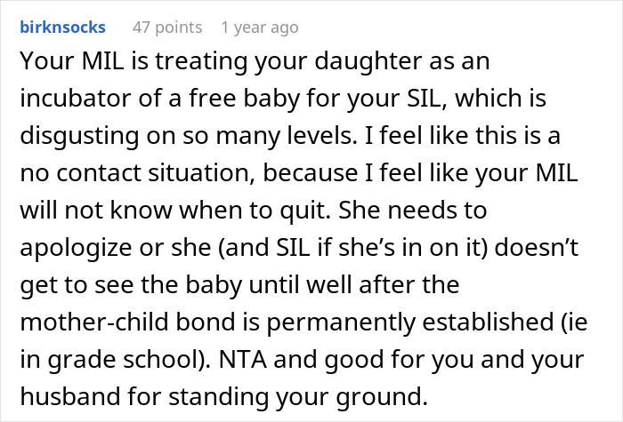 Comment about a mother defending her daughter and grandchild against the grandmother's demands.