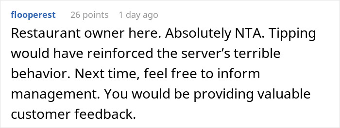 Reddit comment from a restaurant owner discussing tipping and server behavior.