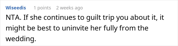 Reddit comment discussing a mother's role in a wedding aisle situation, mentioning uninviting her from the wedding.