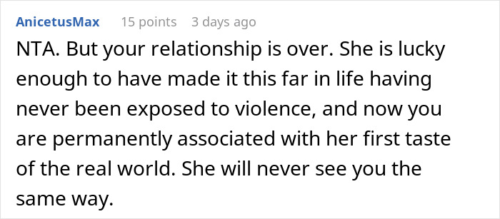 Comment discussing relationship impact after threatening intruders with a gun.