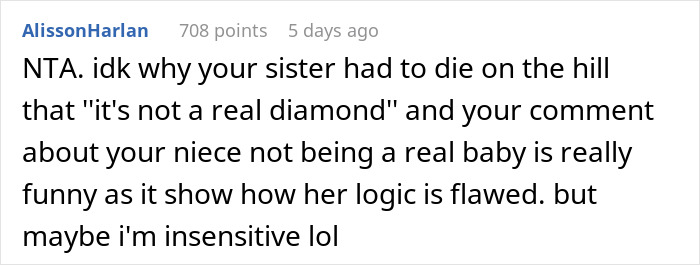 Reddit comment discussing a niece, flawed logic, and the phrase "not a real baby.