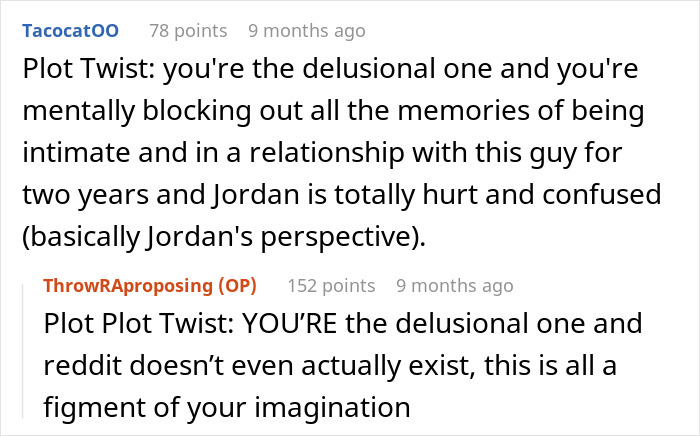 Reddit comments exchange discussing a surprising proposal rejection and imagined relationships.