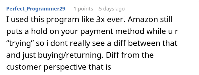 Reddit comment discussing Amazon AI service changes and customer experience with trying and buying.