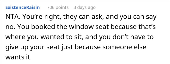 Reddit comment stating a person can refuse to switch from their booked window seat.