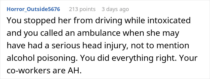 Reddit comment discussing a coworker's firing after an ambulance was called for potential head injury and alcohol poisoning.