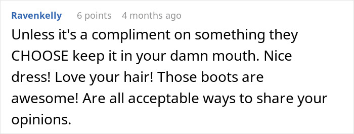 Comment about sharing opinions and acceptable compliments.