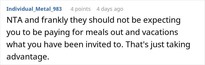 Reddit comment supporting a man labeled "deadbeat" by in-laws, discussing fairness in financial contributions.