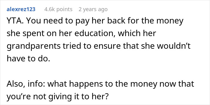 Comment discussing daughter's struggle to pay for college funds given to brother for lavish living.