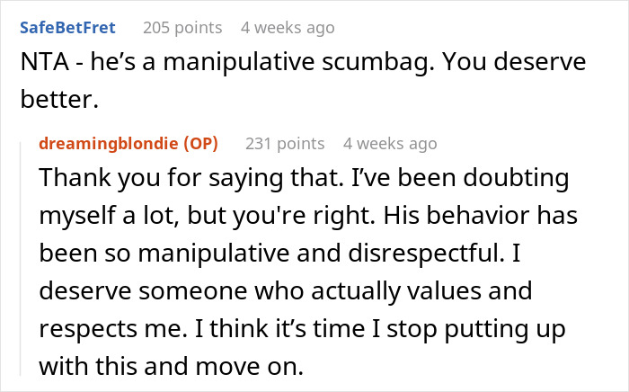 Reddit conversation about a manipulative boyfriend and not accepting to pay for everyone at dinner.