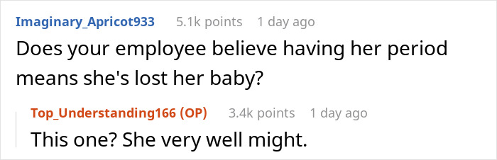 Reddit exchange discussing bereavement due to miscarriage, with one user questioning an employee's belief.