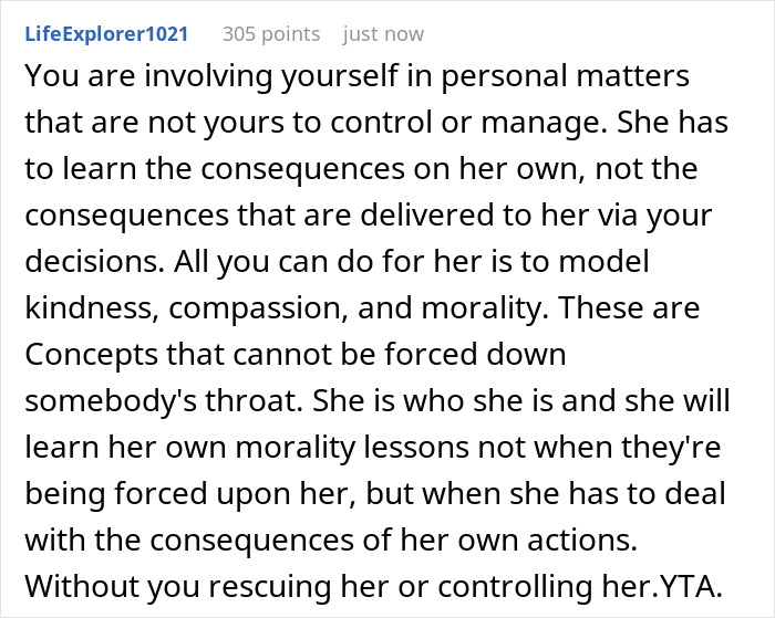 Reddit comment about personal responsibility, titled "daughter-senior-trip-boyfriend" discussion.