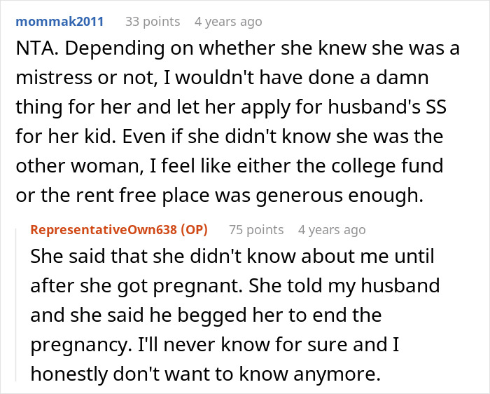 Reddit discussion about a woman refusing to fund her husband's affair child.