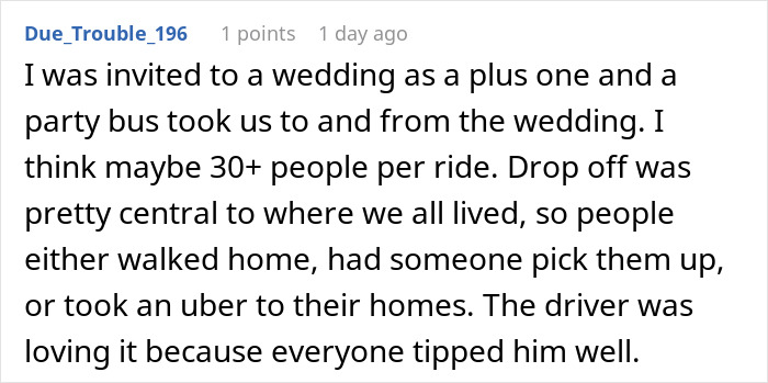 Wedding guest recounts taxi ride for 30+ attendees, noting central drop-off, multiple transport options, and happy driver.