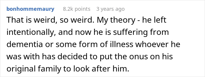 Comment discussing theory on mystery disappearance of a missing man.