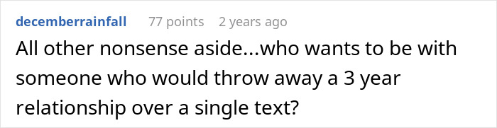 Comment questioning ending a relationship over a text related to a love confession story.