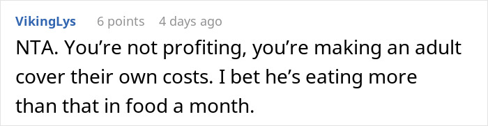 Screenshot of a comment supporting a woman charging her brother rent, emphasizing self-responsibility.