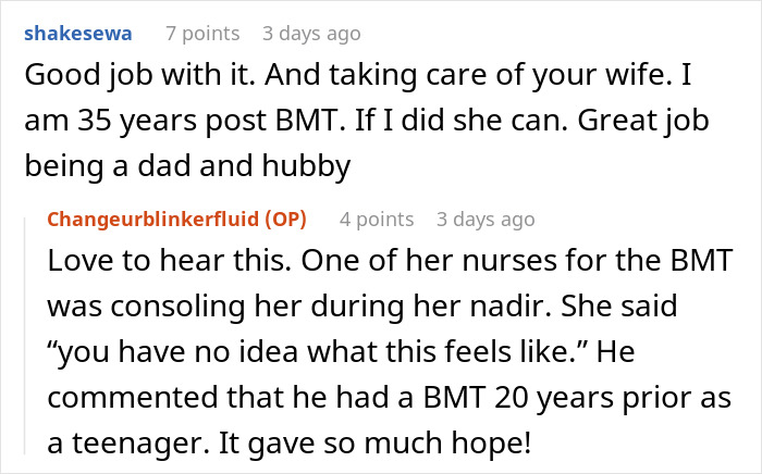 Reddit users discussing a bone marrow transplant experience and support.