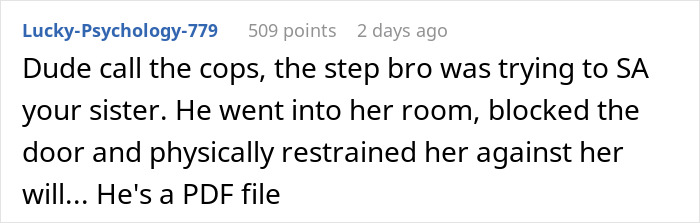 Reddit comment discussing a serious incident involving a stepbrother and advice to call the police.