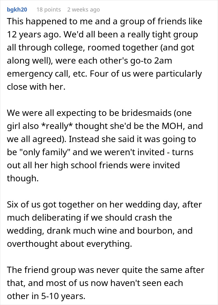 Text screenshot about a woman expecting to be bridesmaid but not being invited to her best friend's wedding.