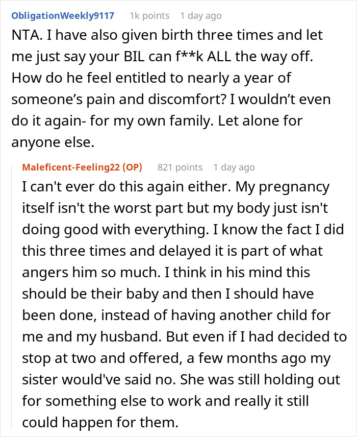 Reddit thread discussing woman planning hysterectomy post-third child amid surrogate pressure.