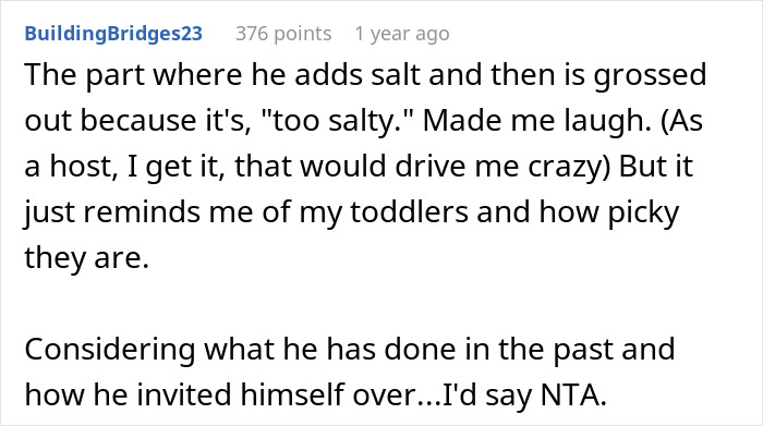 Text comment about a guest over-seasoning food at a dinner party, likened to toddler behavior and suggesting the guest is at fault.