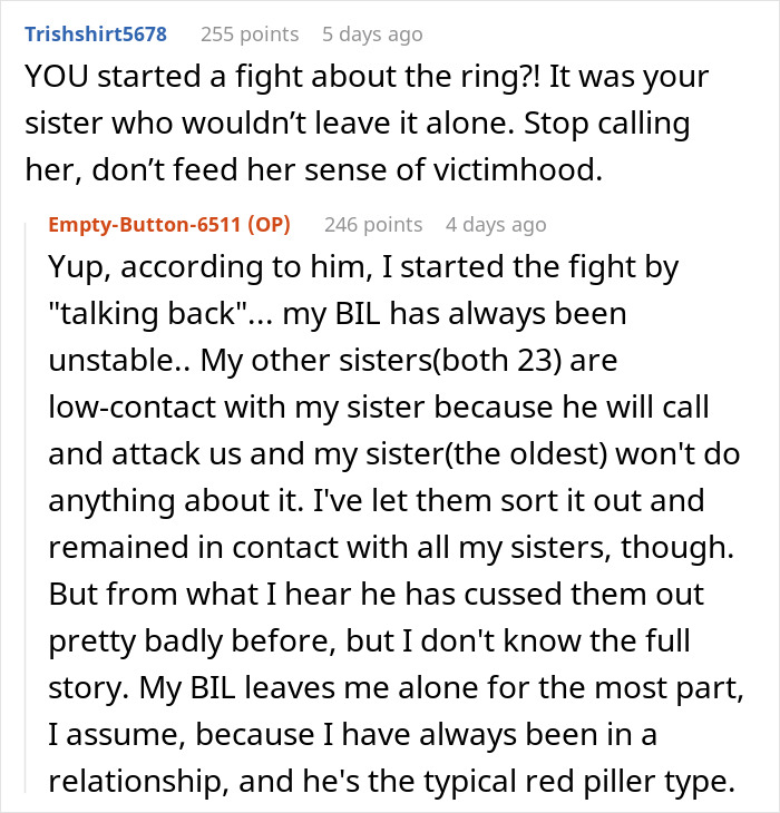 Reddit comments discussing a fight about a ring and family issues, featuring opinions on sibling relationships.