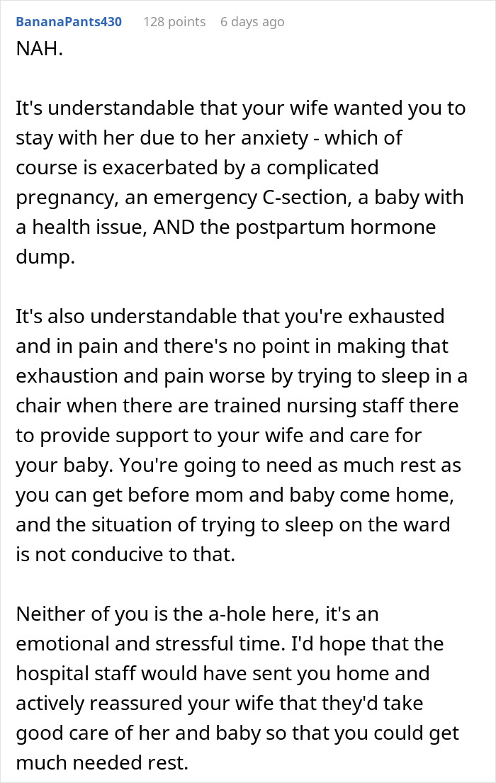 Reddit comment discussing a man's decision not to stay with his wife after her C-section, addressing emotional stress.