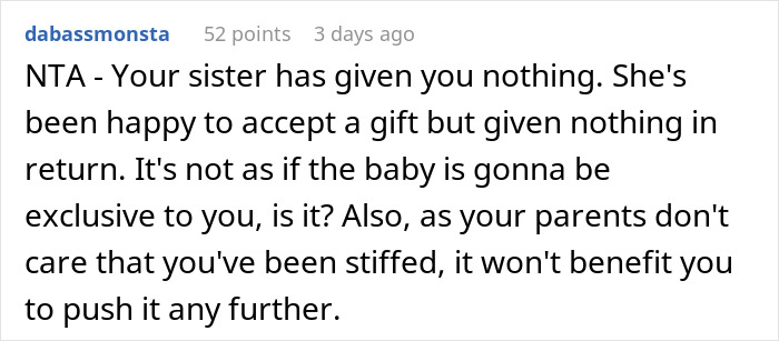 Reddit comment about pregnancy announcement not being a valid Xmas present, addressing a sister\'s reaction.