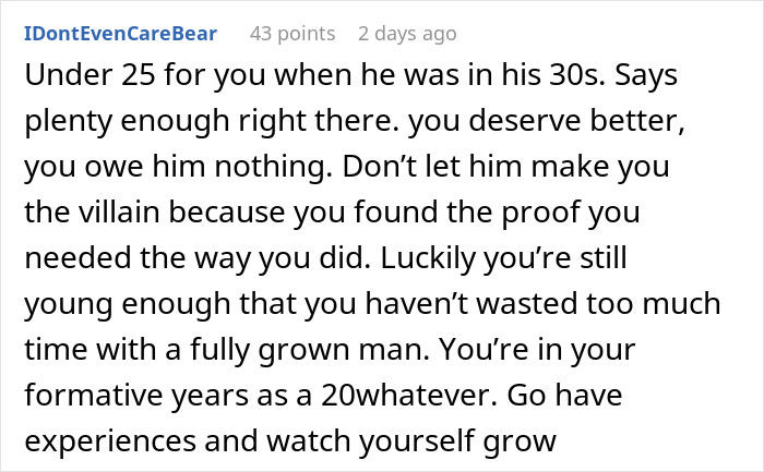 Comment discussing age difference and advice for someone who found proof of cheating in a relationship.