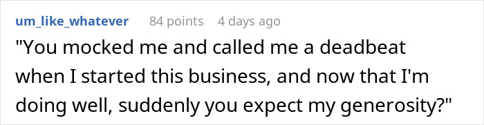 Comment highlights man called "deadbeat" by in-laws, before business success.