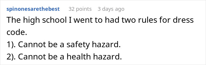 Reddit comment about school dress code with rules on safety and health hazards.