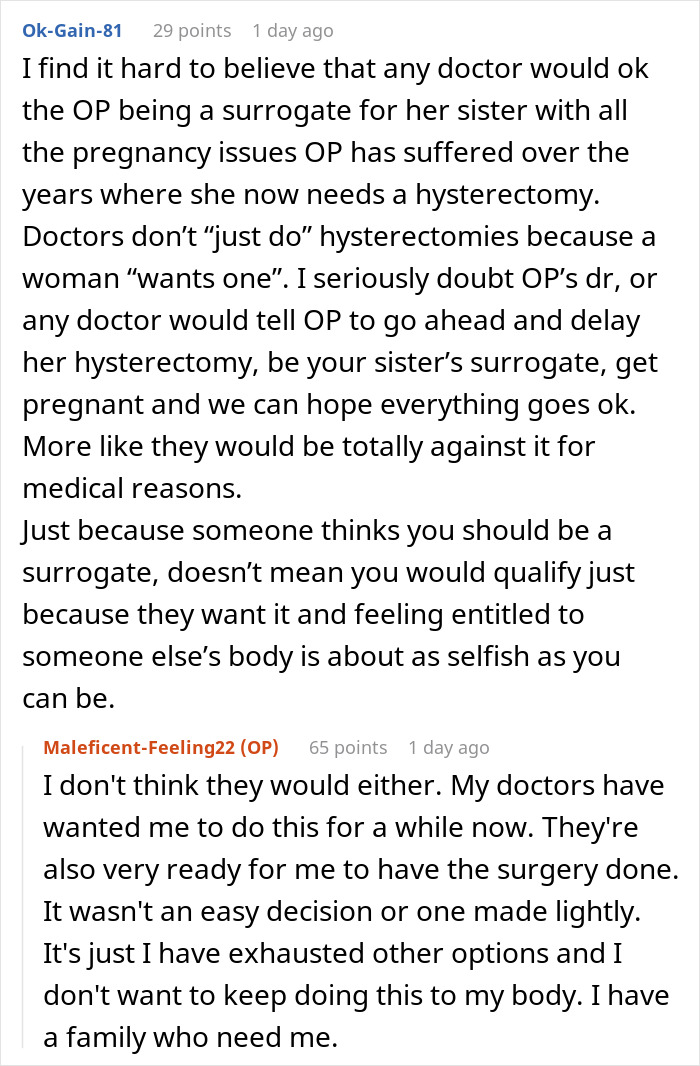 Reddit discussion about a woman's decision on hysterectomy after third child and facing pressure for surrogacy.