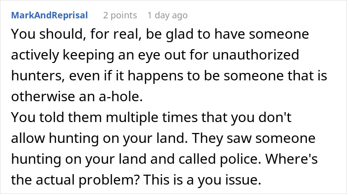 Comment discussing an entitled neighbor who called police over deer hunting on private land.