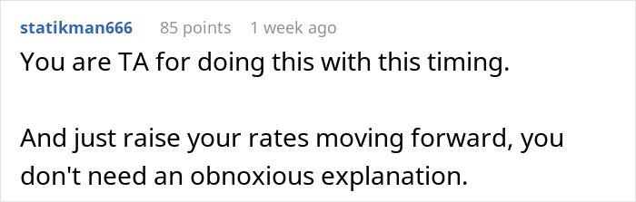 User comment on pet sitter raising rates due to extra tasks, discussing timing and justification.