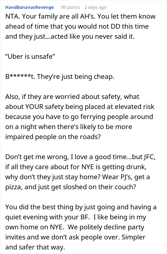 Text post discussing family New Year's Eve drama, mentioning safety concerns and preferring a quiet night at home.