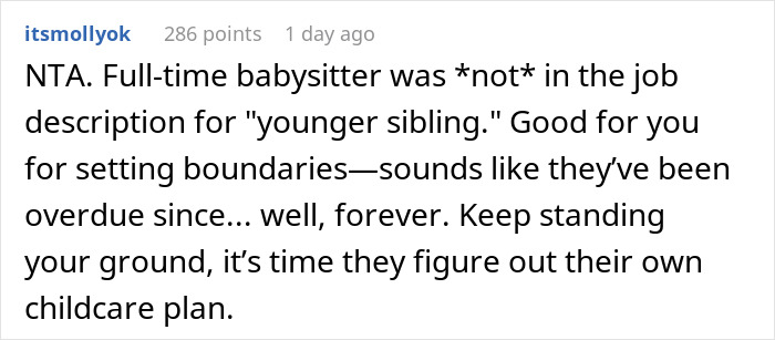 Comment discussing a teen setting boundaries against being a babysitter for siblings.