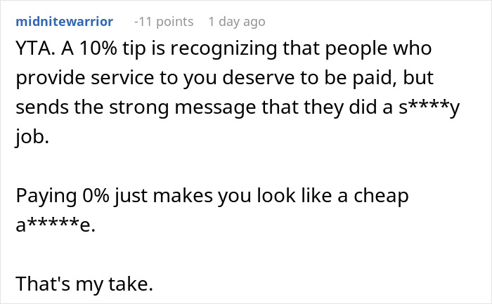 Reddit comment discussing tipping etiquette, highlighting the importance of acknowledging service even with reduced tips.