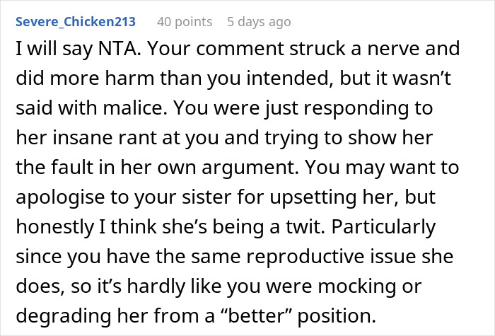 Reddit comment discussing a sibling dispute about whether a baby is considered real.