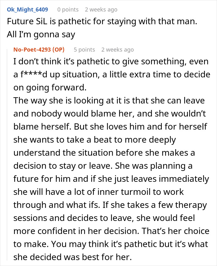 Reddit discussion about a man's confession of love for his sister-in-law during wedding dress shopping.